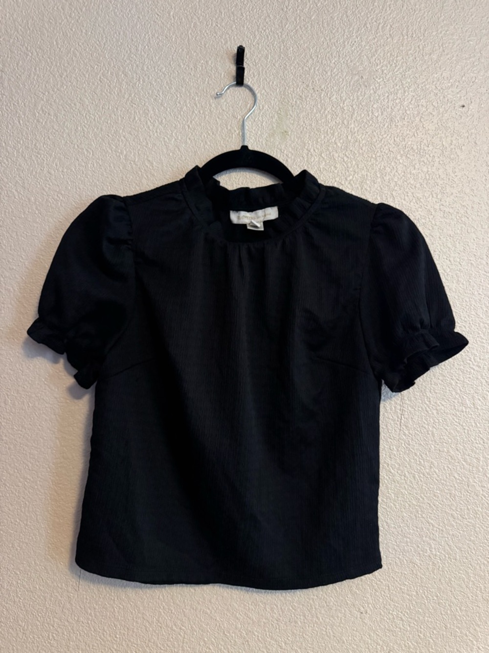 Monteau Black Puff Sleeve Ruffle Neck Blouse
